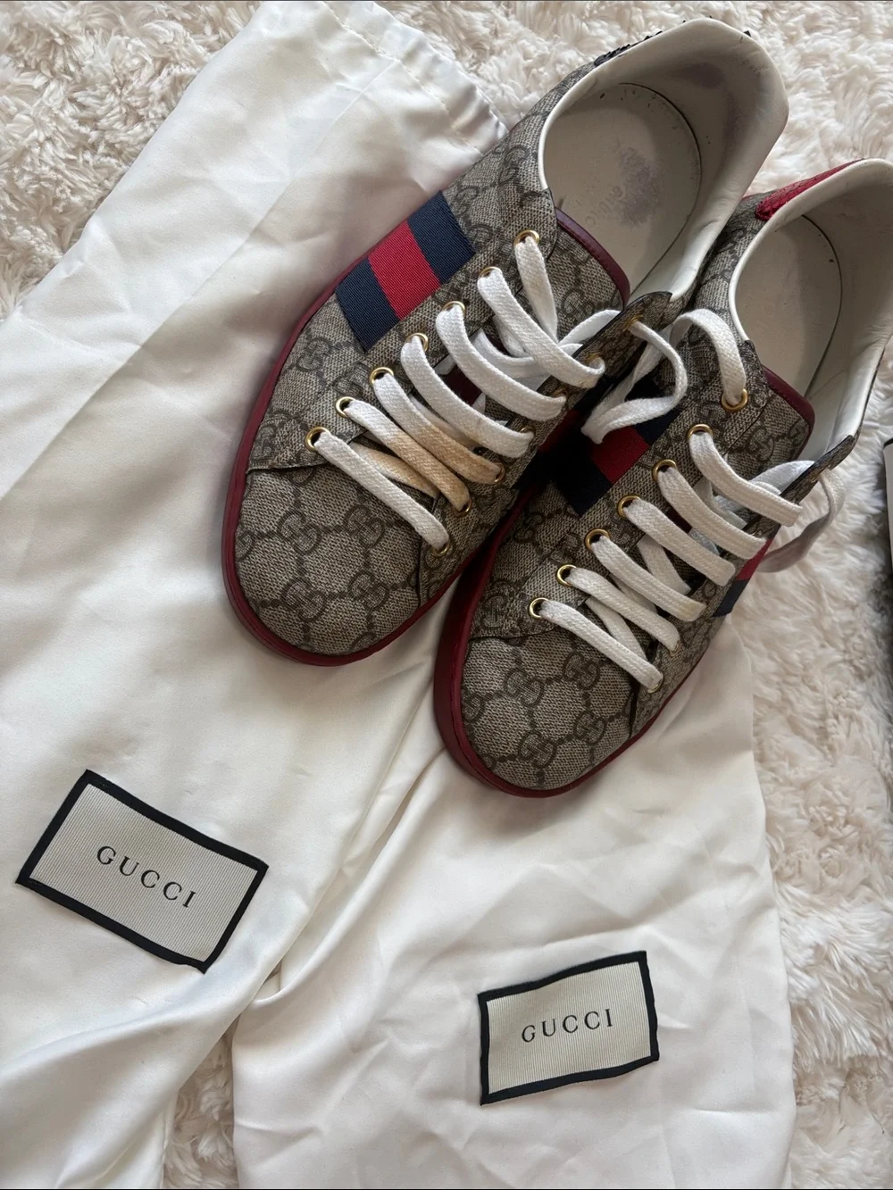 Gucci Beige GG Supreme Canvas Sneakers with Red & Blue Stripe